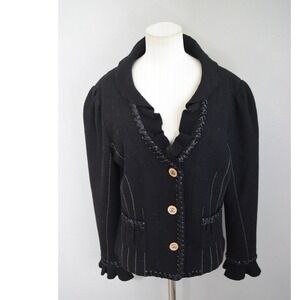 Icelandic Design Wool Jacket Large Black Ribbon Trim Ruffle Victorian Womens